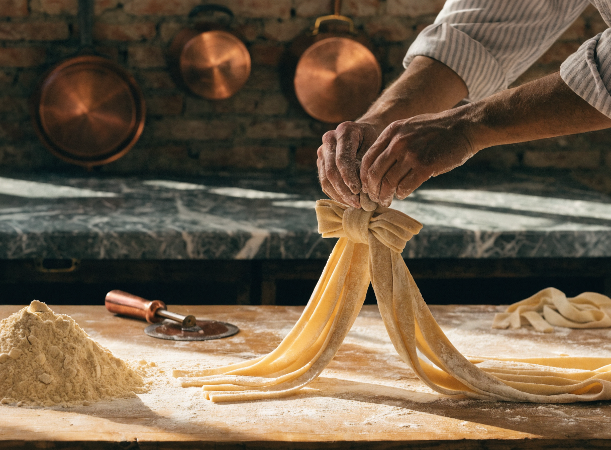 Chef hands crafting fresh artisanal pasta dusted with semolina flour under warm atmospheric lighting