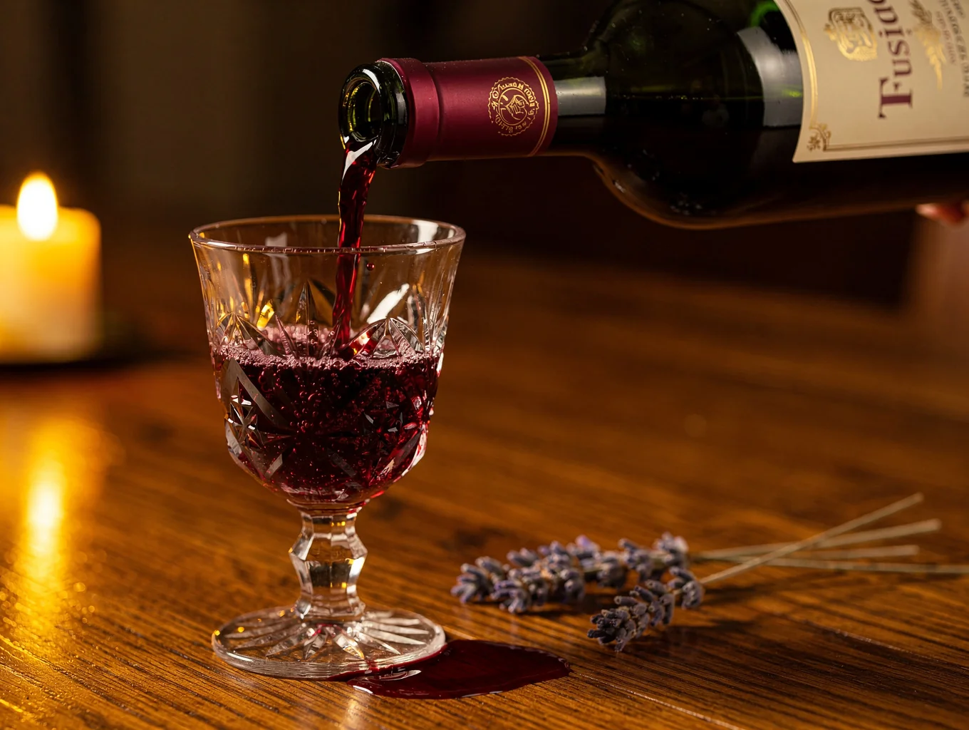 Deep red Tuscan Brunello wine in crystal goblet
