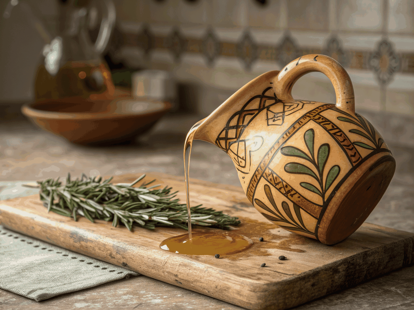 Extra virgin olive oil pouring over freshly picked Mediterranean rosemary and sage