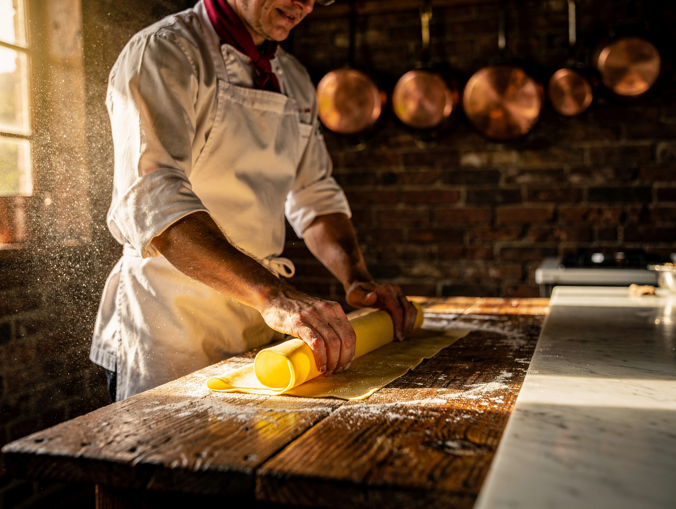 Head Chef hand-dusting fresh bronze-die extruded pasta with semolina flour
