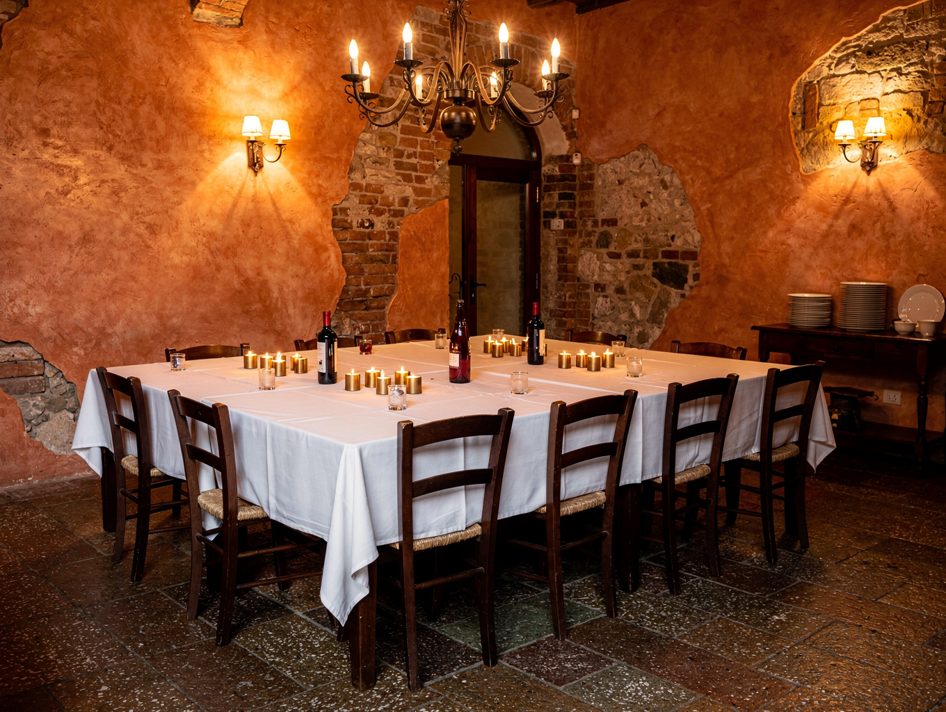 Candlelit communal dining table with rustic Italian tableware