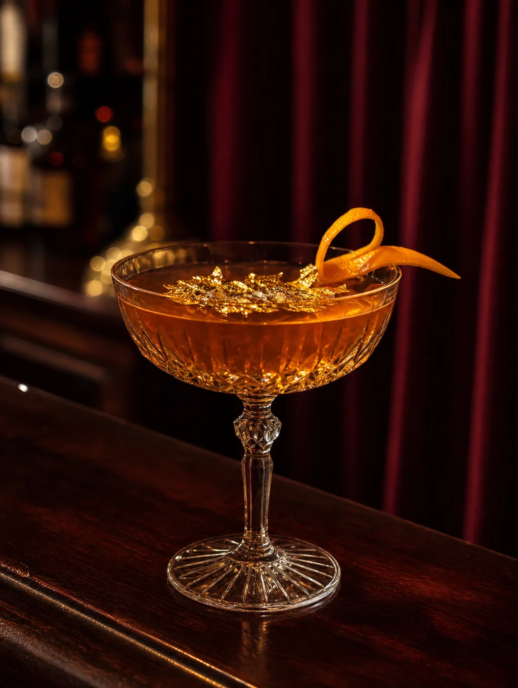 Amber Italian cocktail in crystal coupe glass with dried orange wheel
