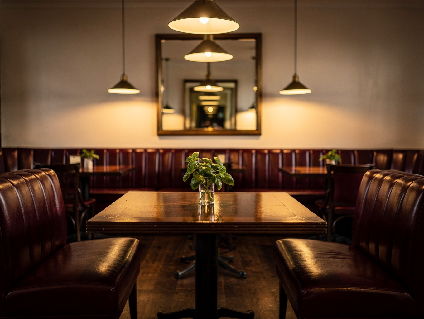 Moody dining room banquettes illuminated by soft candlelight