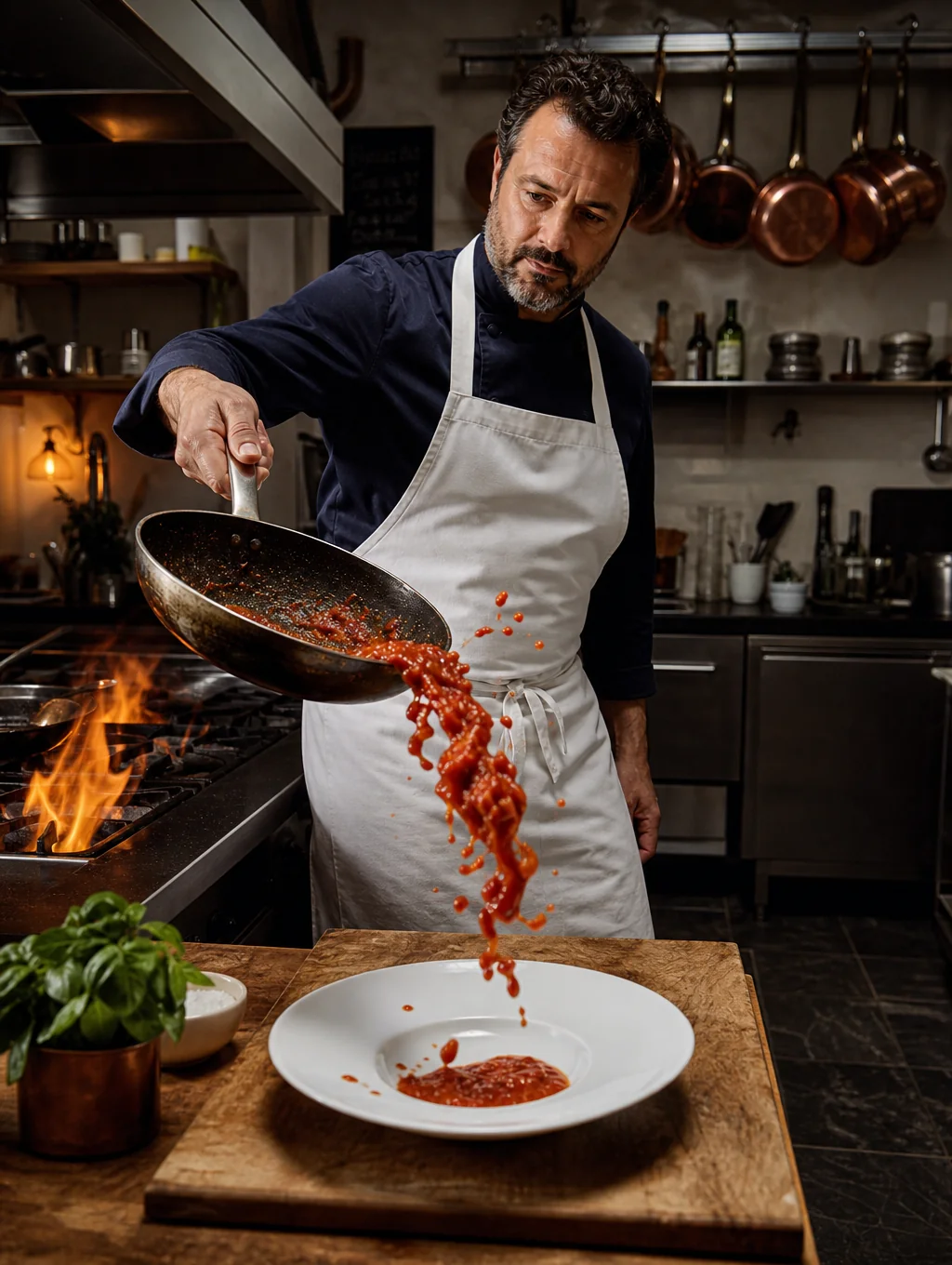 Flames dancing in saute pan over commercial kitchen range