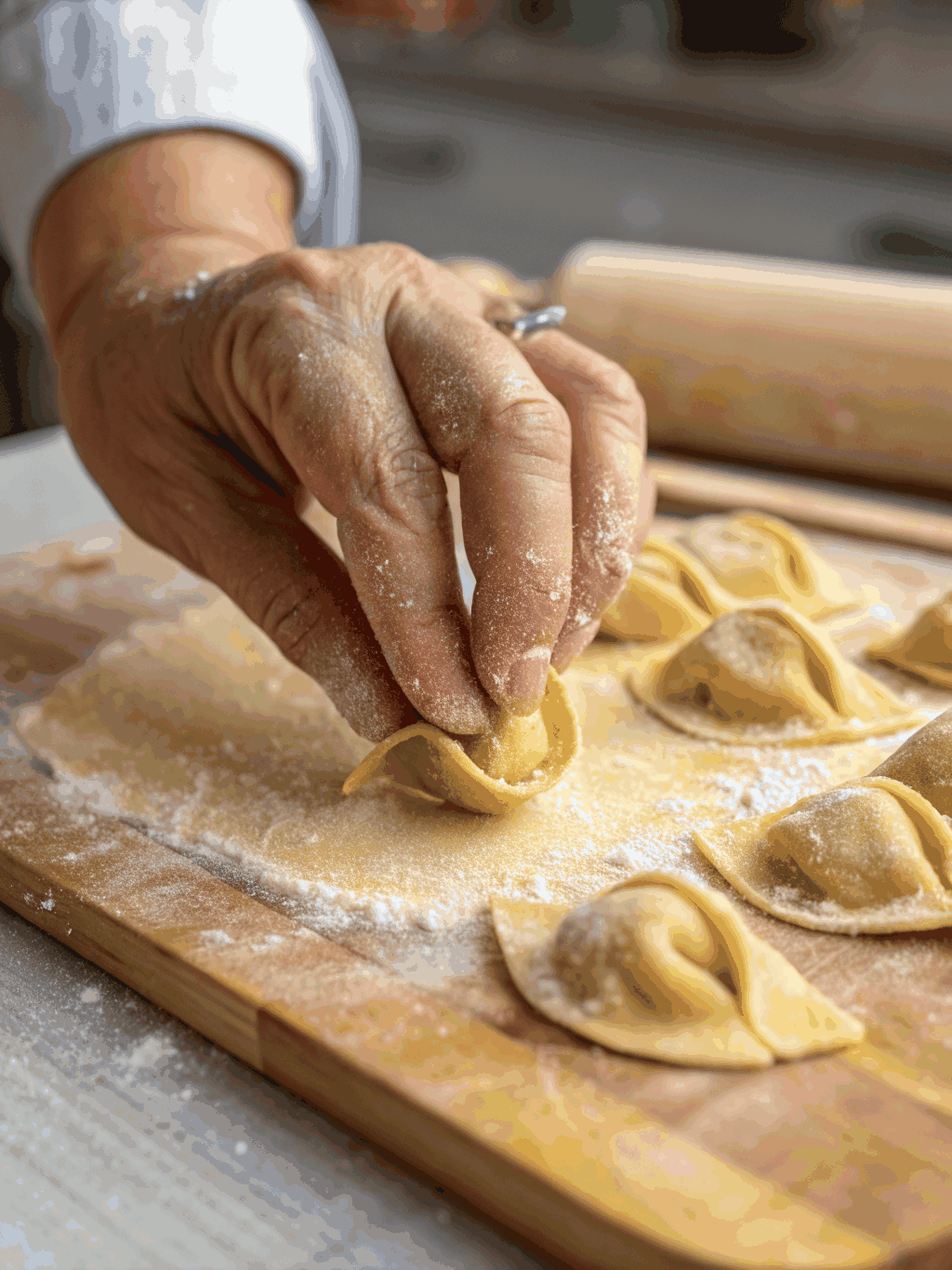 Chef hands pinching fresh pasta dough on a floured wooden board