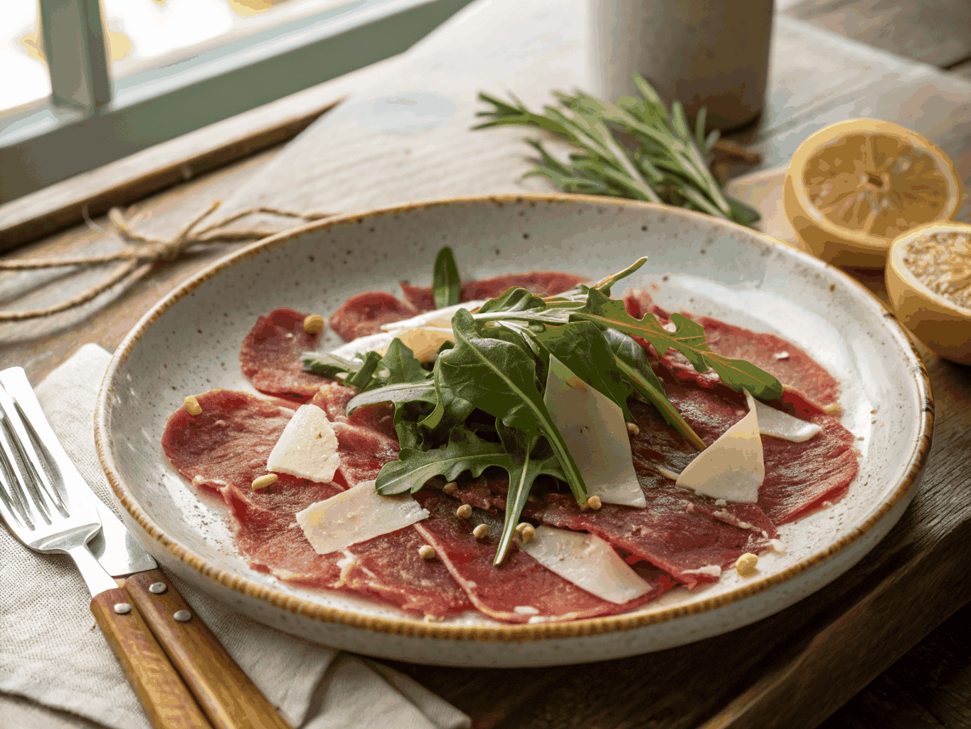 Artfully plated sliced steak with aged balsamic drizzle and microgreens