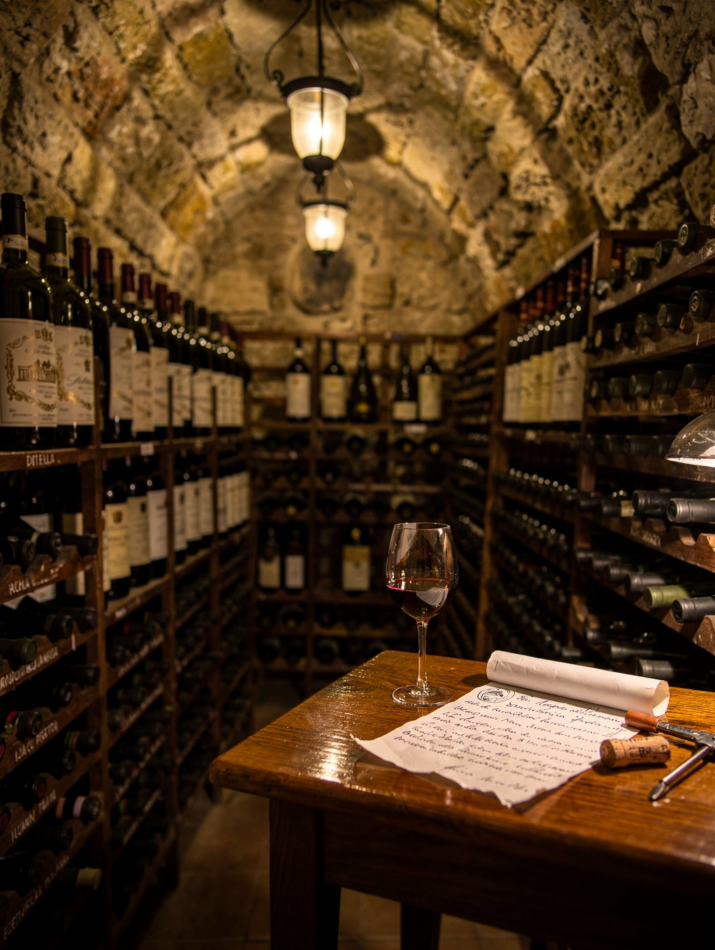 Illuminated dark wine cellar with vintage Italian reserve bottles