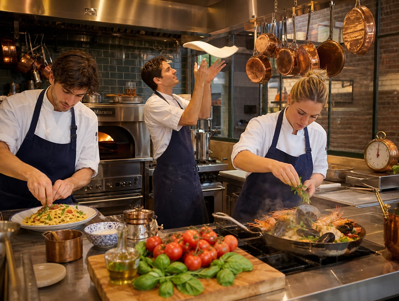 Chefs carefully plating seasonal pasta in an open kitchen