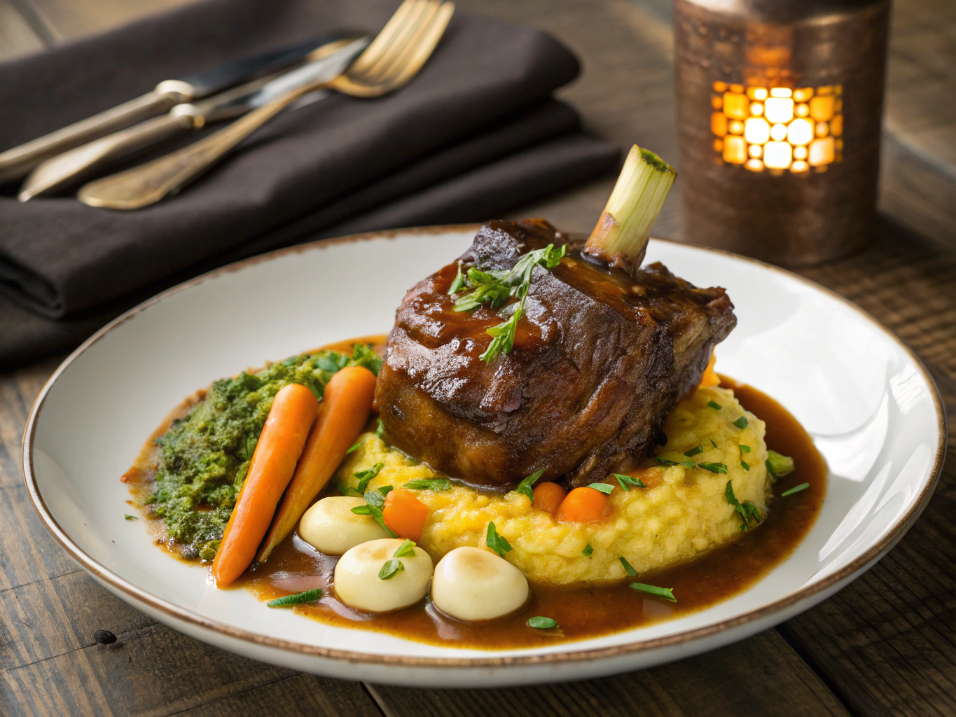 Braised ossobuco served over vibrant saffron risotto