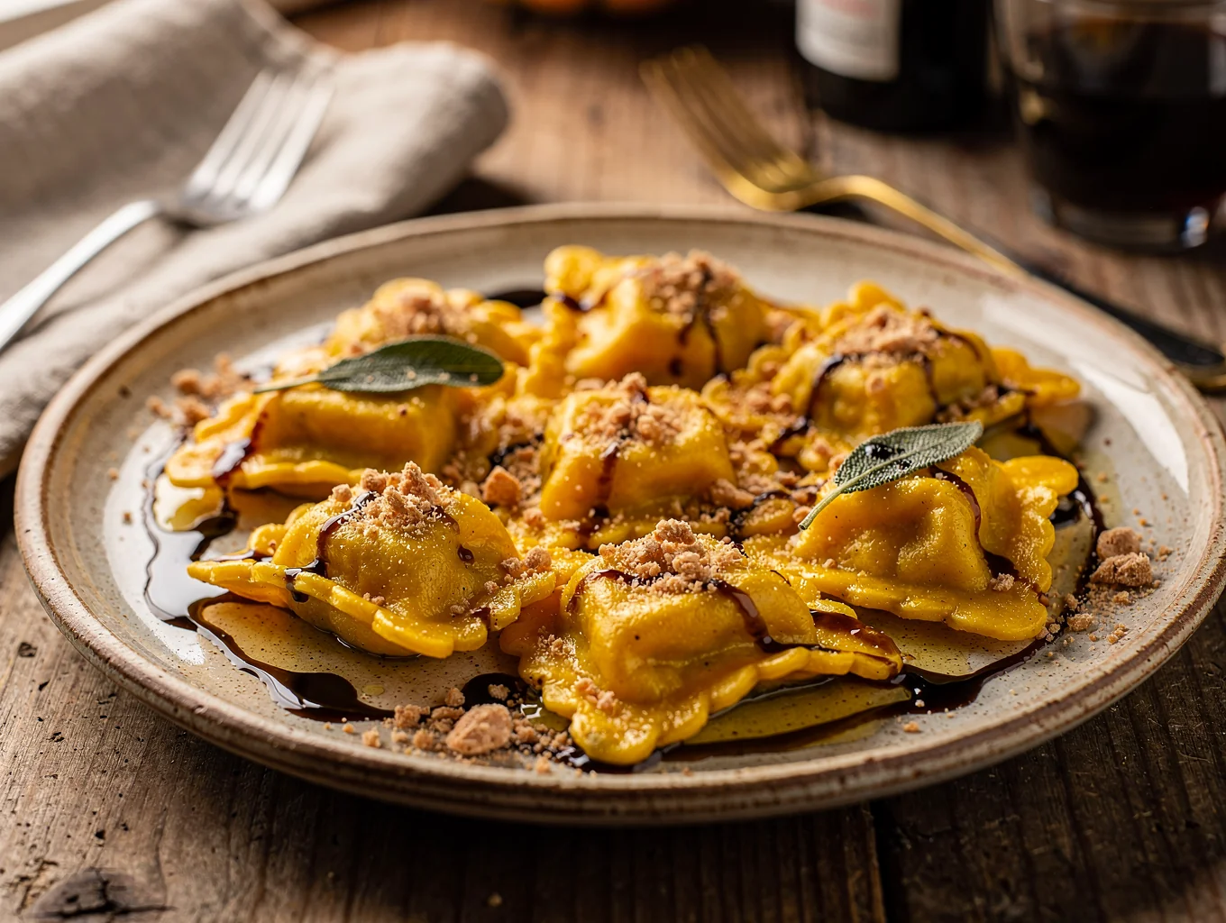 Handmade pumpkin tortelli with black winter truffle and crispy sage