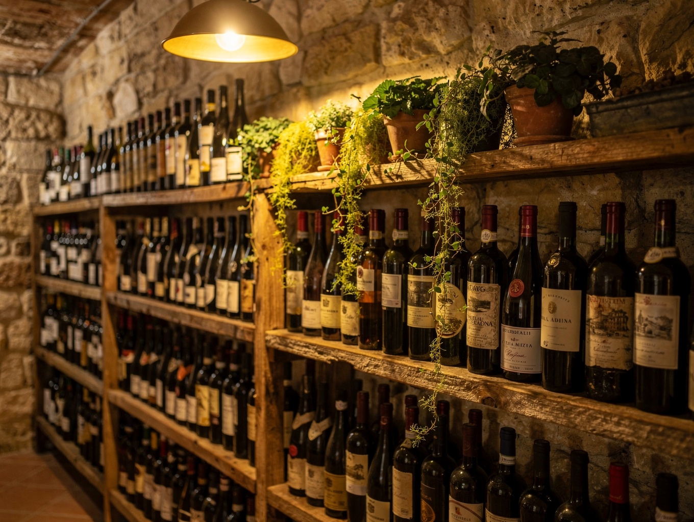 Floor-to-ceiling rustic wine shelves filled with vintage Italian wines